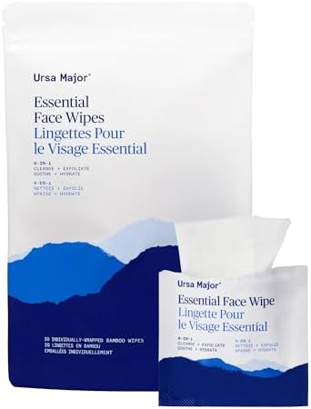 Ursa Major Essential Face Wipes | Natural, Biodegradable, Cruelty-Free | Cleanse, Exfoliate, Soothe and Hydrate | Individually Wrapped | 20 Count