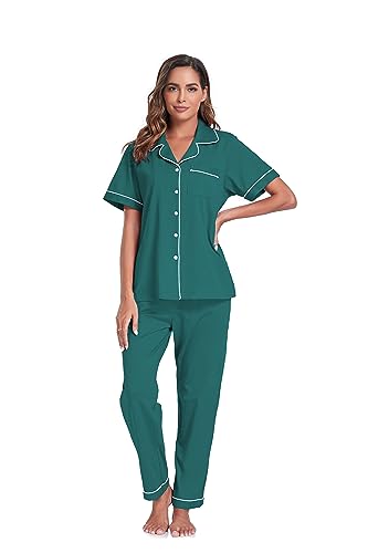 Image of COLORFULLEAF Women's 100% Cotton Pajamas Set Button Down Sleepwear Short Sleeve Shirt and Long Pants Soft Ladies Lounge Sets