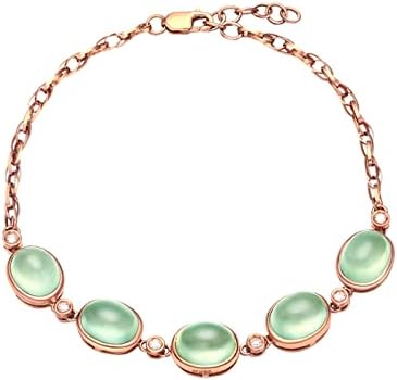 KnBoB 18K Rose Gold Bracelets, Prehnite Stone Bracelet Chain Bracelet with Diamond and Prehnite Adjustable Length 18+2CM