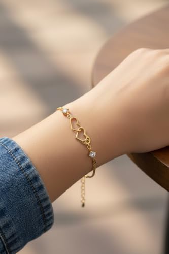 Image of Nilu's Collection Double Heart Shape Cubic Zirconia Charm Bracelet, Love Bracelet for Women and Girls, Valentine's Day Gift