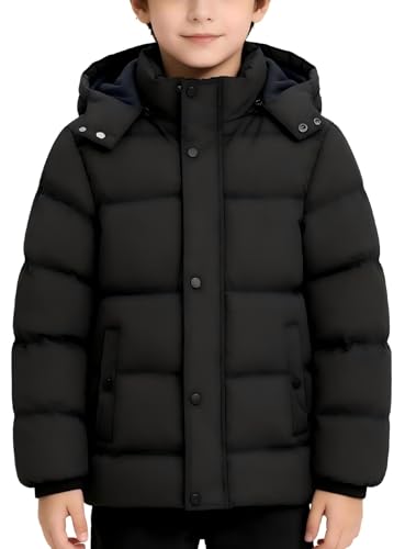 KVE Boys Hooded Thick Quilted Puffer Winter Coat Windproof Water Resistant Warm Down Alternative Jacket with Removable Hood Relaxed Fit Cold Weather Outerwear for Big Kids Teens Black1 6-7