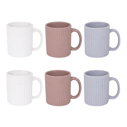 YöL Set of 6 Ribbed Mugs White Grey Beige Coffee Tea Cup 10 Ounce Home Kitchen Stoneware Mug Set