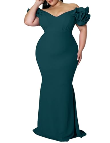 Image of Ekaliy Women's Plus Size Maxi Dress Elegant V-Neck Ruffle Sleeves Bodycon Mermaid Evening Gown