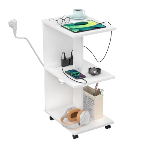 Chleby Estrechas Mesita de Noche Sencilla mesitas de Noche con Ruedas Mesa Auxiliar con Enchufe en Forma de E Estrecha Mesita de Noche con estantes Mesa de sofá