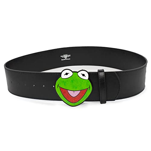 Disney The Muppets Belt, Kermit the Frog Glitter Enamel Cast Buckle Black, Vegan Leather Belt