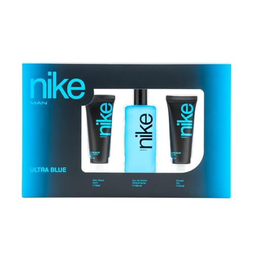 NIKE - Ultra Blue, profumo 100 ml + gel da bagno 75 ml + After Shave 75 ml, confezione regalo da uomo, confezione Nike Ultra Blue 3 pezzi, maschio, coraggioso e fresco, colonia floreale, lunga durata