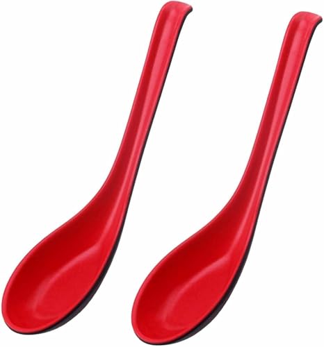 2 asiatische Suppenlöffel, chinesische japanische Miso Ramen Wonton Knödel Pho Reis Nudel Soba Suppenlöffel, rote und schwarze Melaminlöffel