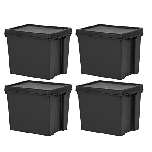 JMS we create smile 4 x 24L Black Bam Heavy Duty Storage Box Recycled Plastic Storage Containers with Lid Stackable & Nestable Organizing Boxes Storage Solution Indoor/Outdoor