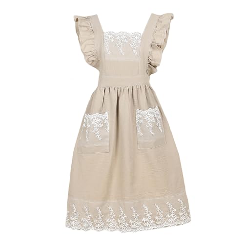 G-LIKE Tablier vintage femme/fille - Tablier de cuisine classique sans manches rétro en coton dentelle lacets - Résistant huile taches - Cuisine