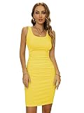 Missufe Tank Ruched Sleeveless Bodycon Dress Women's Casual Knee Length Basic Fitted Sundress (Yello