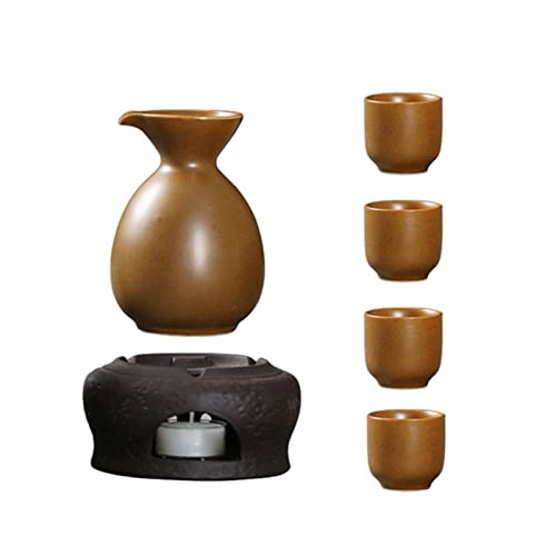 6 Pieces Sake Set, Traditional JapanCeramics Sake Cup Set, Elegant Design Best Gift for Family and Friends, with 1 Heating Stove, 4 Sake Cups and 1 Sake Pot Cups