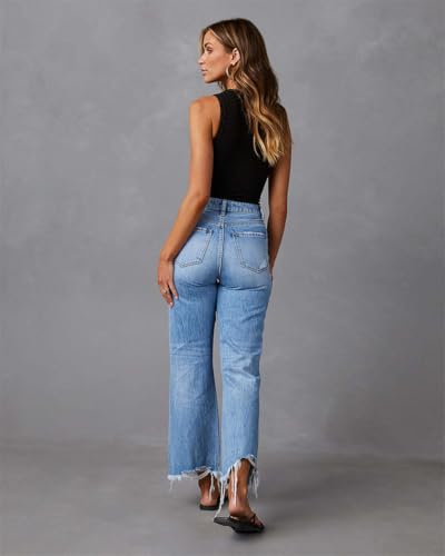 Women High Waist Ripped Jeans Baggy Pants,Wide Leg Tassel Washed Straight Casual Trousers,High Waisted Jeans4