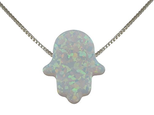 aJudaica Created Fire Opal Hamsa Hand Necklace Opal Pendant with Sterling Silver Chain (White, 17.5)