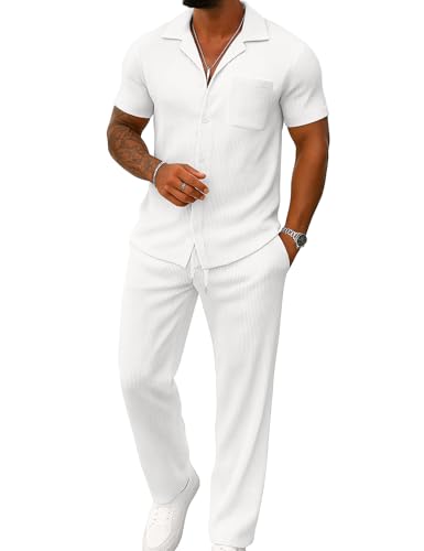 UOUA Men's 2 Piece Outfit Casual Short Sleeve Button Down Shirts & Loose Pants Summer Beach Vacation Sets Classic White L