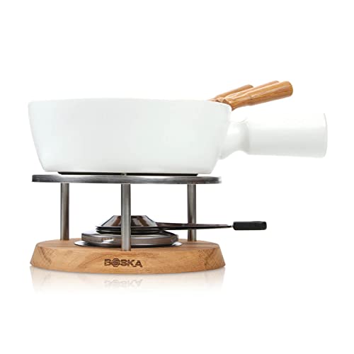 Boska Holland Cheese Fondue Set, 1 L White Porcelain Pot with Oak Wood Base, Life Collection