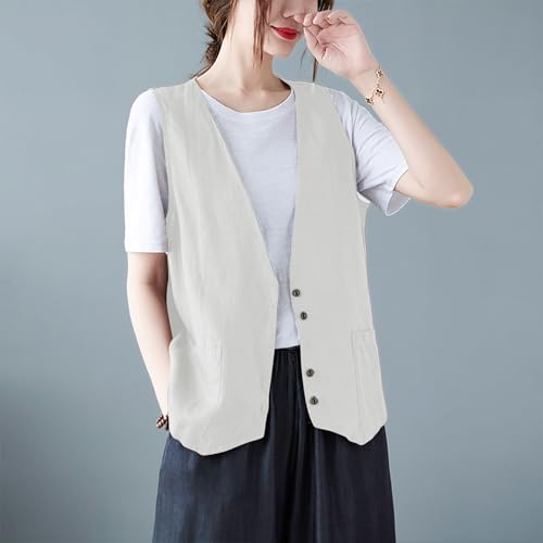 Womens Cotton Linen Vest Casual Sleeveless Blazer Cardigans Lightweight Jacket Waistcoat2