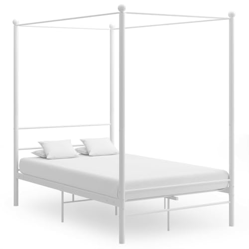 Cadre de lit à baldaquin blanc 140x200 cm en métal robuste sans matelas, design élégant pour chambre adulte ou adolescent, structure durable facile à...