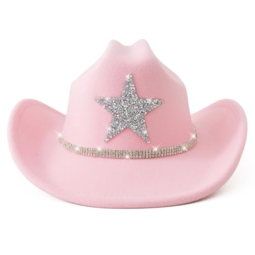 Jastore Kids Girls Boys Western Cowboy Hat Felt Cowboy Themed Party Hats with Glitter Silver Star2