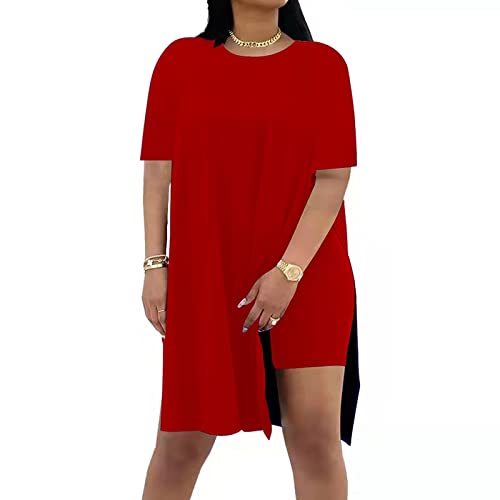 Image of AXOSY Women Plus Size 2 Piece Outfits Short Sleeve Tunic Tops and Skinny Biker Shorts Sets Tracksuits