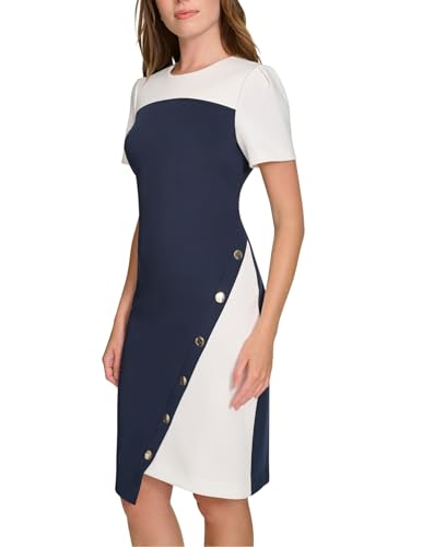 Image of Tommy Hilfiger Women's Short Sleeve Jewel Neck Colorblock Studded Asymmetrical Hem Crepe Mini Dress