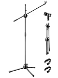 CROWNSHOP Microphone Stand 82-139cm with Telescopic Boom Adjustable and Portable Collapsible Studio Holder with Tripod Base Mic Clip Adapter for Musicians Parties and Stages