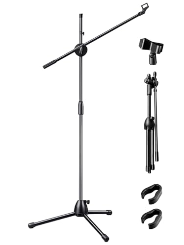 CROWNSHOP Microphone Stand 82-139cm with Telescopic Boom Adjustable and Portable Collapsible Studio Holder with Tripod Base Mic Clip Adapter for Musicians Parties and Stages