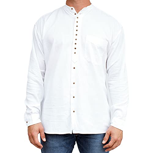 Civilian Irish Grandfather Collarless Shirt, Cotton and Linen Long-Sleeve Traditional Irish Shirt (White, 2X-Large)