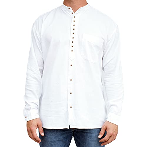 Civilian Irish Grandfather Collarless Shirt, Cotton and Linen Long-Sleeve Traditional Irish Shirt (White, X-Large)