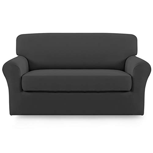 Easy-Going 2 Pieces Microfiber Stretch Sofa Slipcover – Spandex Soft Fitted Sofa Couch Cover, Washable Furniture Protector with Elastic Bottom Kids, Pet (Loveseat, Dark Gray