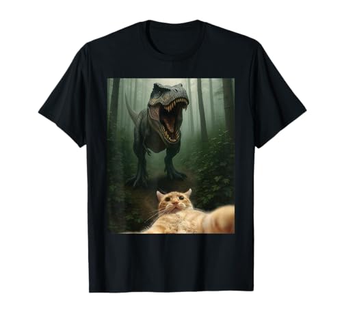 Funny Cat Selfie with T-Rex Dinosaur T-Shirt
