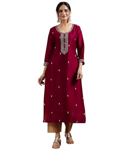 Image of Libas Women's Silk Embroidered Straight Fit Kurta | Ethnic wear | Bridal Suit | Wedding Dress | Occasion wear