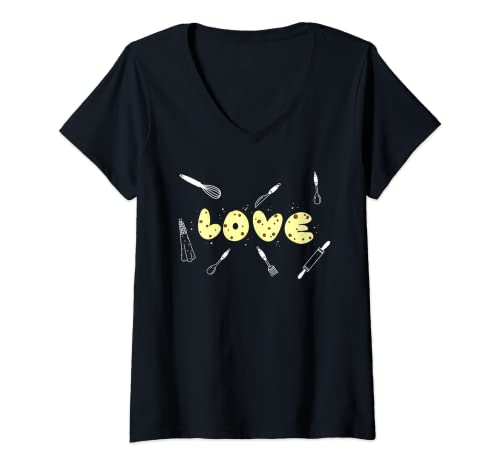Mujer Amor | Cool Pastry Chef Sombrero Divertido Herramientas para hornear Regalo para Amante Camiseta Cuello V