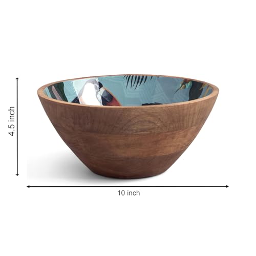 Image of SAAGA Printed Mango Wood Serving Bowl - 10 x 4 Inch Handcrafted Round Wooden Bowl | Food-Grade Finish for Noodles, Soups, Curries & Snacks - Tourmaline Finish