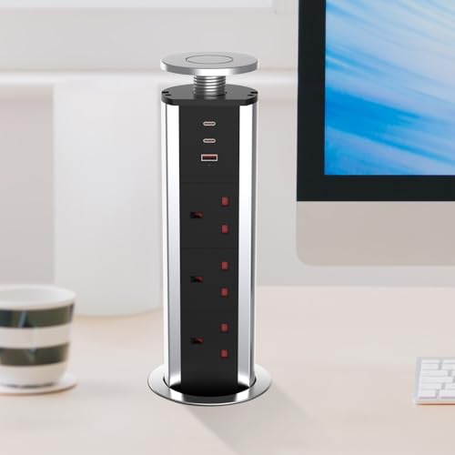 CURUK Pop Up Sockets for Kitchen Worktops with 3 USB Ports(2 Type C and 1 USB-A) 3 Plug Extension Recessed Desk Power Socket with 1.8M Cable for Home Office - Silver