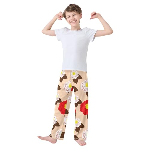 J JOYSAY Camellia Flower Leaves Beige Pajamas Pants Soft Long Pajama Bottoms Lounge Sleep Pants Size S-XL3