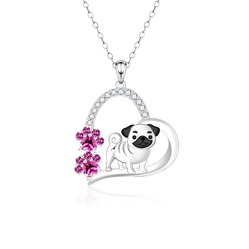 Wenansly Heart Pug Necklace for Women - 925 Sterling Silver Pug Pendant Heart Pugs Necklace Dog Themed Jewelry Gifts for Mom Daughter Animal Lover