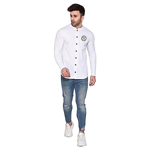 Image of Geum Men's Mandarin Collar Shirt | Slim Fit Full Sleeve Casual Shirt with Printed Chest Logo | Soft Cotton Blend Stylish Button Down for Party, Office