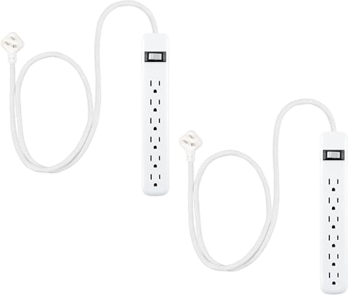 GE 6-Outlet Surge Protector Power Strip 2-Pack, 2ft Braided Extension Cord, 245J Protection, Flat Plug, Wall Mount, Circuit Breaker, ETL Certified, White, 86075
