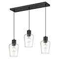 LMS 3-Light Kitchen Chandeliers Over Table, Matte Black Hanging Linear Chandeliers, Farmhouse Kitchen Island Pendant Light Fixtures with Clear Glass Shade, LMS-123SPL-BK3