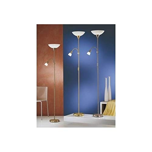 EGLO Staande lamp Up 2, 2 lichtpunten, staande lamp van metaal, glas en kunststof, woonkamerlamp in mat nikkel, wit, lamp met schakelaar, plafondschijnwerper met leeslamp, E27, E14