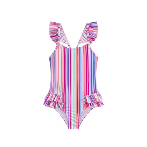 LIZENS Girls One Piece Swimsuit Rainbow Stripes Ruffle Beach Bathing Suit for Kids Swimsuit