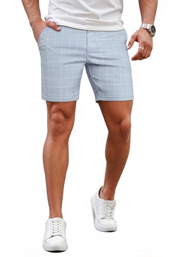 Image of GINGTTO Mens Slim Fit Shorts Plaid Chino Short Tapered Leg Skinny Stretch