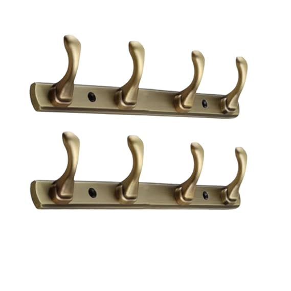 Image of ELUVIA Zinc Alloy 4 Hook Wall Hook Rail, Heavy Duty Wall Mounted Coat Hook for Clothes, Towels, Keys & Bags, Antique Brass Finish, Pack of 2, Bathroom Kitchen Bedroom Organizer