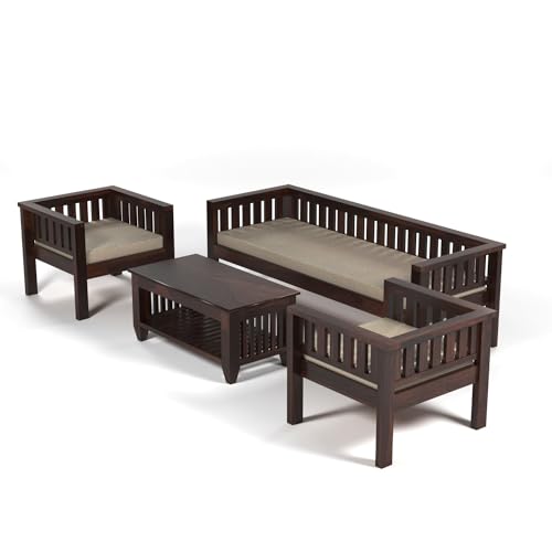 Image of Sheesham Wood 5 Seater Low Height Sofa Set for Living Room | 5 Seater Sofa Set | Wooden Sofa Set | Beige Cushion (3+1+1, Walnut Finish)