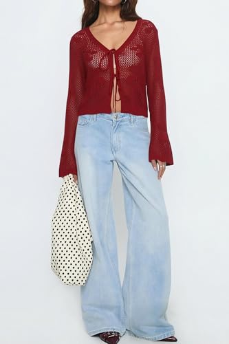 Image of Balimtoy Women Tie Front Cardigan Crochet Sweater Crop Tops Cute Bell Long Sleeve Knit Shrug Beach Vacation Cover Up
