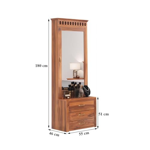 Image of Solid Sheesham Wood Dressing Table with Storage Mirror & 3 Drawers, & 1 Door Storage for Living Room Bedroom Wooden Make Up Vanities Dresser for Bedroom Home (Natural Finish)