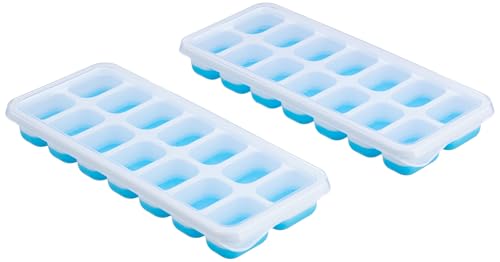 Image of Clazkit Silicone Ice Cube Tray with Lid (2 Pack, 14 Cavities Each) | Easy Pop-Out Square Ice Mold | BPA Free Flexible Ice Tray | Stackable Ice Cube Maker for Freezer, Whiskey, Cocktails, Juice