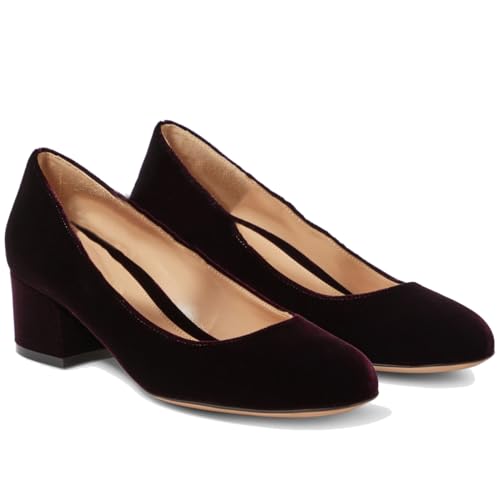 MOOMMO Women Vintage Chunky Block Heel Velvet Pumps Round Closed Toe Slip On 2