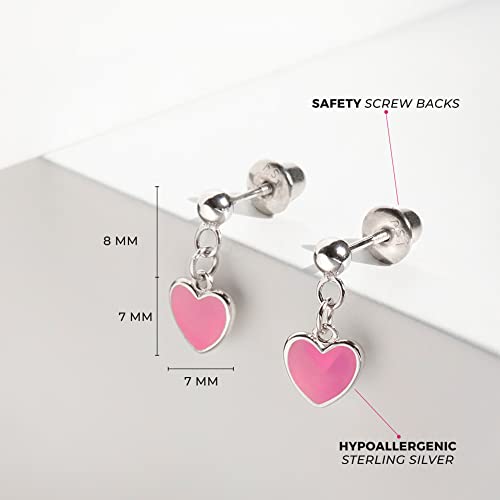 925 Sterling Silver Child's Pink Enamel Heart Dangle Earrings With Safety Screw Back - Best For Toddlers, Young Girls, Pre Teens & Teens #TOP3