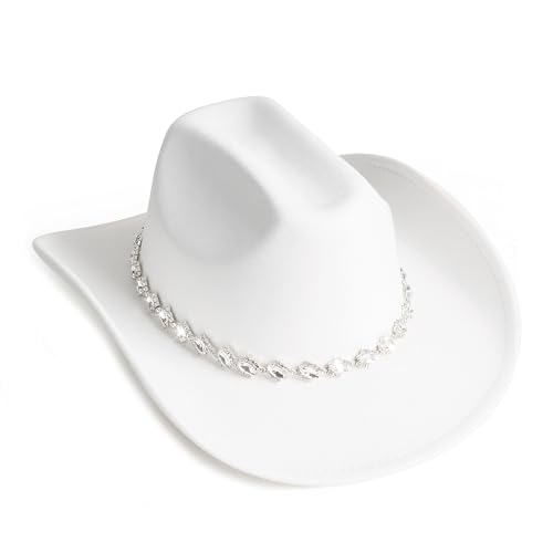 MTKCM White Cowgirl Hats Pinched Wide Brim Cowboy Hat for Women Aty-White